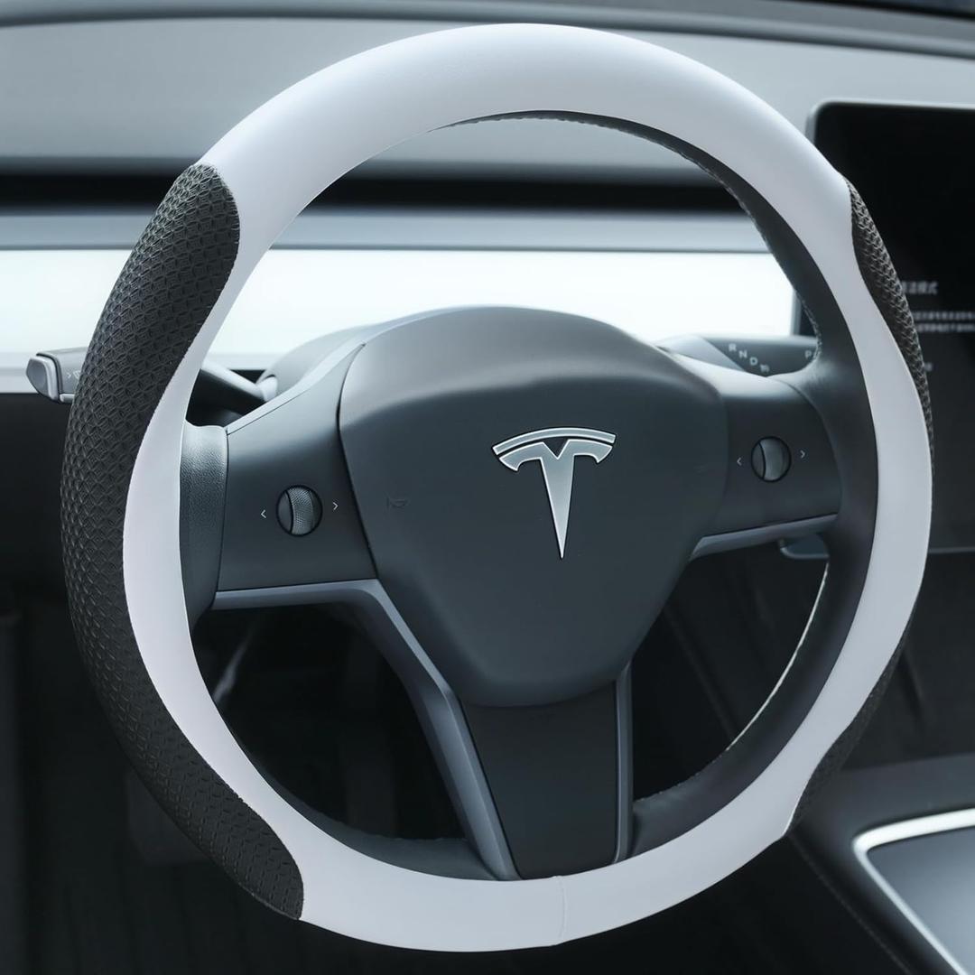 Nappa Leather Steering Wheel Cover for Tesla Model 3/Y 2016-2025 2026 Juniper/Highland, Non-Slip Breathable Tesla Model 3/Y Steering Wheel Protector, White
