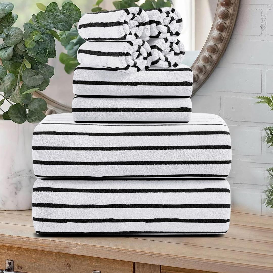 Oliven 8 Pcs Black White Cabana Stripe Large Bath Towel Set Oversize Bath Sheet-2 Bathroom Towels,2 Hand Towels,4 Washcloths Soft Jumbo Absorbent Towel Quick Dry Beach Chair Spa Gym Hotel Towel