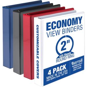 Samsill 2 Inch 3 Ring Binders, Made in USA, Economy Round Ring, Clear View Cover, 425 Sheet Capacity - for School, Home, Office - Assorted, 4 Pack
