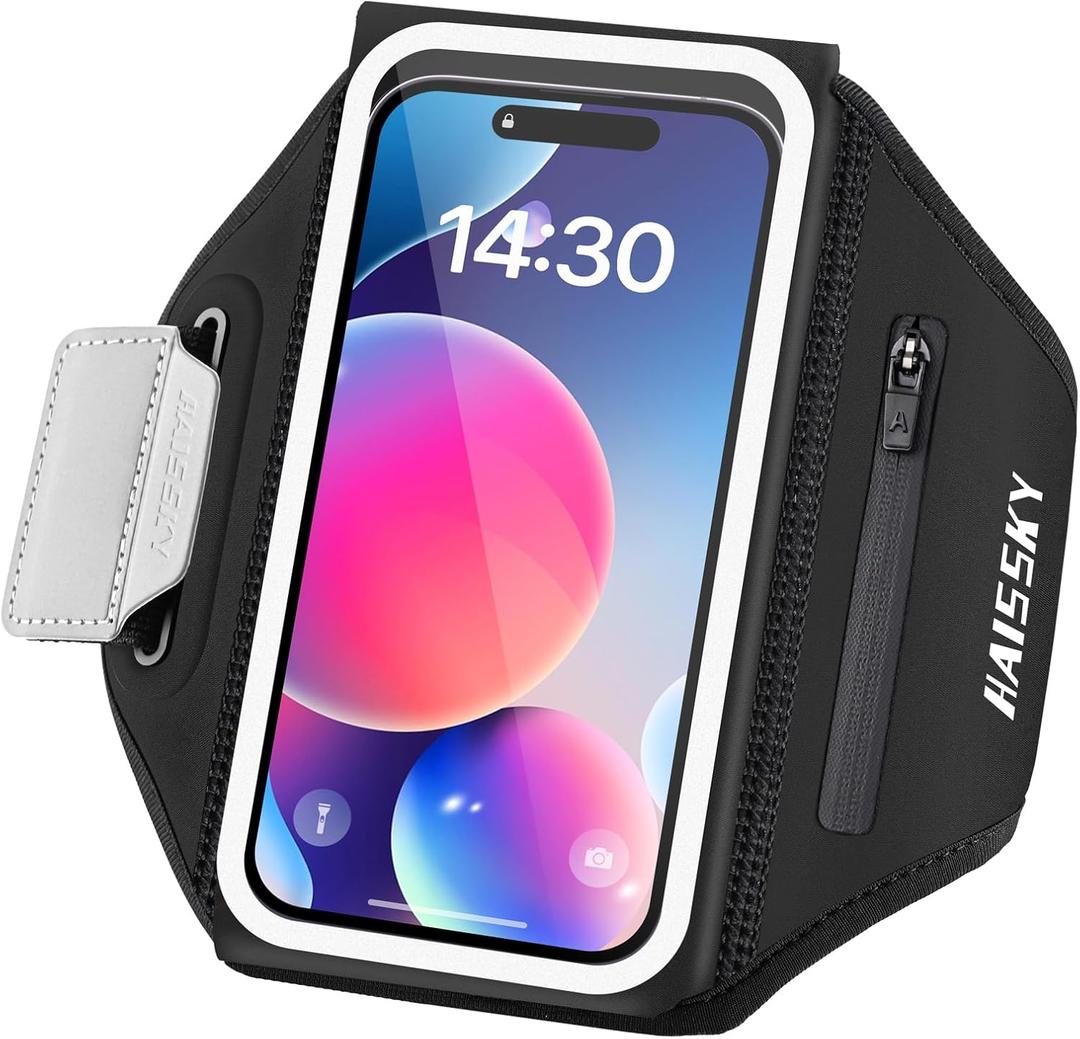 Running Armband with Earphone Bag Cell Phone Armband for iPhone 16 15 Pro 14 Plus 13 11 XR XS, Galaxy S24/S10 Water Resistant Sports Phone Holder Case & Zipper Slot Car Key Holder for 6.9 inch Phone (Dark Black (Up to 7.0''))