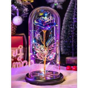 Valentines Day Rose Gifts for Her Women Birthday Gift Galaxy Glass Rose Forever Eternal Crystal Flowers Roses in Glass Dome with Butterfly Valentine Gifts for Women Daughter Mom Wife Girlfriend Purple