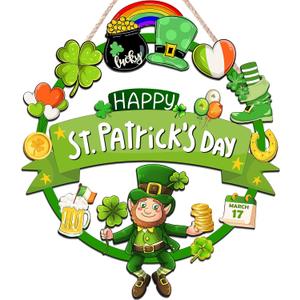 St. Patrick's Day Decorations Wooden St. Patrick's Door Wreath for Front Door Welcome Sign, Cute Happy St. Patrick's Day Decor Hanging Sign Outdoor Indoor Shamrock Clover Spring Wall Home Decor