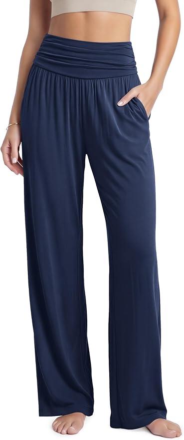 ODODOS Women's Wide Leg Palazzo Lounge Pants Casual Pajama Pants-32 inseam, Navy, Small