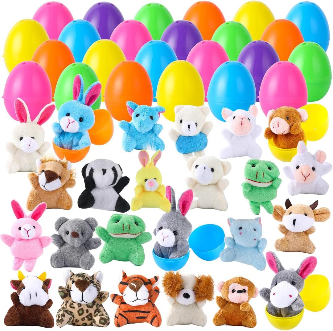 ThinkMax 24 pcs Easter Eggs Filled with Mini Plush Animals Toy for Basket Stuffers/Fillers, Hunt, Party Favor