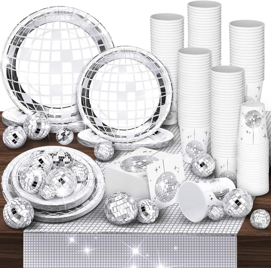 Marsui 121 Pcs 70s 80s Disco Ball Party Decorations Disposable Paper Plates Napkins Cups Bachelorette Silver Balls Tableware Set for Wedding Cocktail Birthday Dancing Queen Party(Silver)