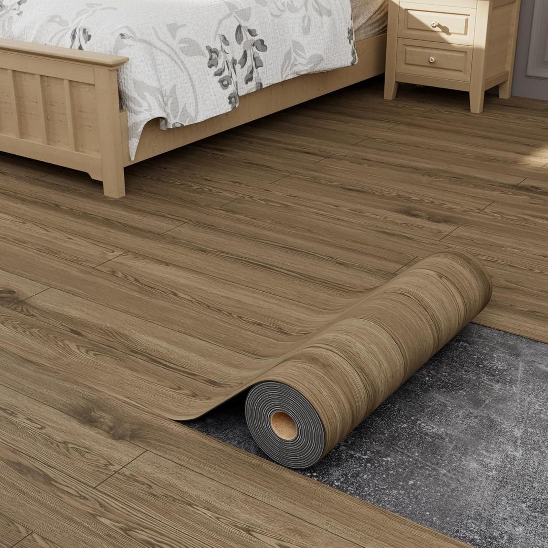 Oxdigi Peel and Stick Vinyl Flooring Roll 23"x 393"/64 Sq.Ft, Thicken Self Adhesive Vinyl Floor Tiles Wood Plank Flooring Waterproof Wear-Resistant for Any Room, Easy DIY Floor Coverings, Brown