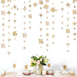 Champagne Gold Number 16 Circle Dot Twinkle Star Garland Streamer Bunting Banner Backdrop Decorations for Girls Happy 16th Birthday Sweet Sixteen 16th Anniversary Cheers to 16 Years Party Decor