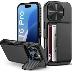 for iPhone 16 Pro Case Wallet, Built-in Card Holder (4-5 Cards), Camera Cover Stand, Military Grade Drop Protection, Rugged Heavy Duty Men Women Protective Phone Case for iPhone 16 Pro, Black