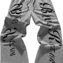 Men's Graphic Letter Wide Leg Sweatpants Drawstring Waist Street Sport Pants with Pockets (Gray, S)