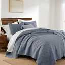 WDCOZY Blue Grey 100% Cotton Quilt Bedding Sets King Size with 2 Pillow Shams, Shabby Chic Rustic Textured Gauze Lightweight Country Soft Bedspread Coverlet for All Season, 3 Pieces, 106x96 inches