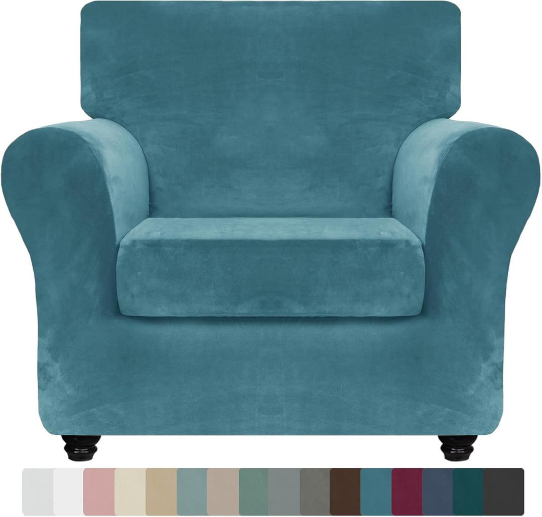 ZNSAYOTX Luxury Velvet Chair Slipcovers with Arm 2 Piece Stretch Chair Covers for Living Room Thick Soft Armchair Slipcover Anti Slip Pet Friendly Furniture Protector (Peacock Blue),30"-47"(1 CUSHION)