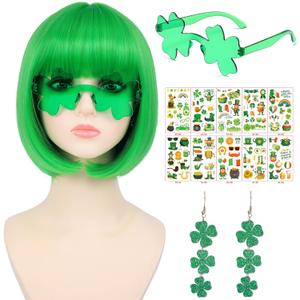 morvally Short Green Bob Wig with St Patricks Day Stickers and Green Glasses and Earrings for Women Girls St Patricks Day's Leprechaun Costume
