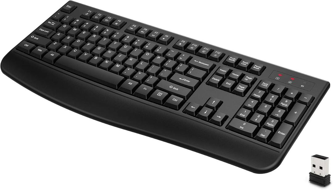 QUASIO Wireless Keyboard, 2.4G Full-Sized Ergonomic Wireless Computer Keyboard with Wrist Rest for Windows, Mac OS Laptop/PC/Desktop/Notebook(Black)