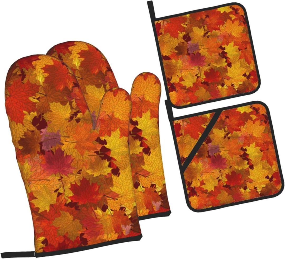 Fall Autumn Maple Leaves Oven Mitts and Pot Holders Sets Heat Resistant Non-Slip Kitchen Potholder Oven Gloves for Baking Cooking Grilling BBQ Mittens Kitchen Decor and Accessories Gifts