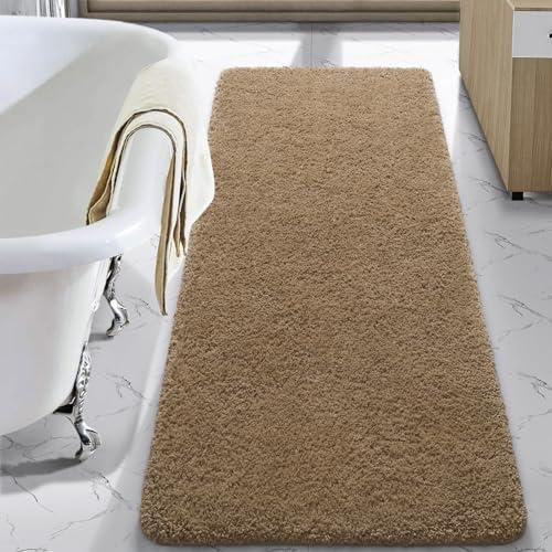 LOCHAS Bathroom Rug Runner 24x60 Inch, Soft Thick Absorbent Microfiber Bath Rugs for Bathroom, Machine Washable, Shaggy Plush Non Slip Bath Mat for Tub, Shower Floor, Quick Dry Mats, Light Brown