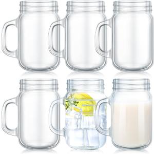 6 Pieces 12 oz Mason Jar Drinking Glasses No Lids Mugs with Handles Mason Drinking Jars Glass Cups for Kitchen Bar Beer Coffee Cold Beverages Cocktails Juice Smoothie DIY
