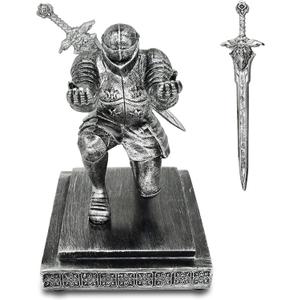 Knight Pen Holder with a Sword Kneeling Medieval Soldier Pencil Stand Desk Organizers Fancy Cool Office Home Tabletop Decor for Men Father Husband (Silver)
