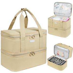 LEFORZ Nail Polish Organizer and Storage,Double-Layer Nail Supplies Carrying Case Bag for 40 Bottles (15ml-0.5 fl.oz) and a Lamp,Portable Nails Polish Holder for Nails Supplies,Khaki
