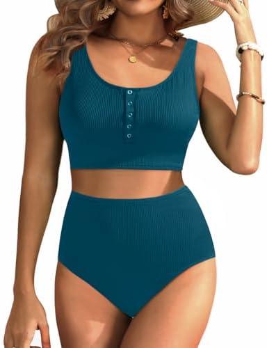 Aqua Eve Women High Waisted Bikini Set Racerback Swimsuit Two Piece Bathing Suit High Neck Swimwear Small