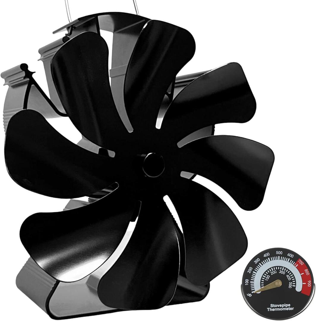 VODA Wood Stove Fan Heat Powered Fireplace Fans, Non Electric Heat Activated Thermal Fan 8 Blades for Wood Burning Stove/Log Burner, Stove Accessories Thermometer