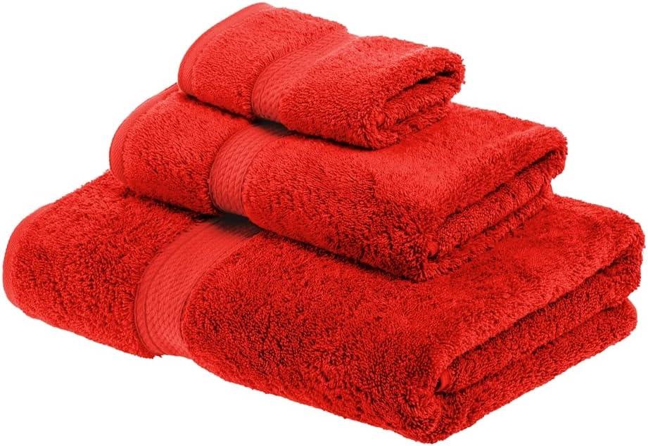 Superior Egyptian Cotton Pile 3 Piece Towel Set, Includes 1 Bath, 1 Hand, 1 Face Towel/Washcloth, Ultra Soft Luxury Towels, Thick Plush Essentials, Guest Bath, Spa, Hotel Bathroom, Red