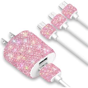 Bling USB Wall Charger with Charging Cable,Fast Block for iPhone Android,3 in 1 Multi Cable Micro USB Type C Multiple USB Cord with Crystal Decor,Cell Phone Accessories for Women,Girls (Pink)