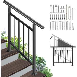 Adjustable Handrails for Outdoor Steps Black Metal Stair Railing with Flexible Angle Design, 3 Steps Handrail or Horizontal Use, Wrought Iron Hand Rails with Installation Kit