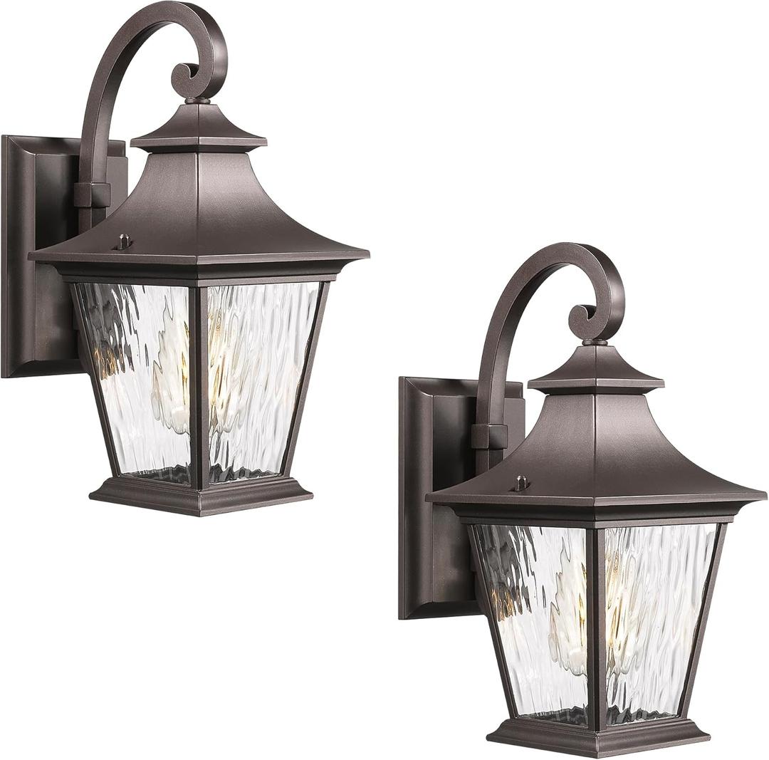 Emliviar 2 Pack Outdoor Wall Lights, Exterior Wall Lantern Sconce for Garage Patio, Oil Rubbed Bronze Finish with Water Ripple Glass, XE219B-2PK ORB