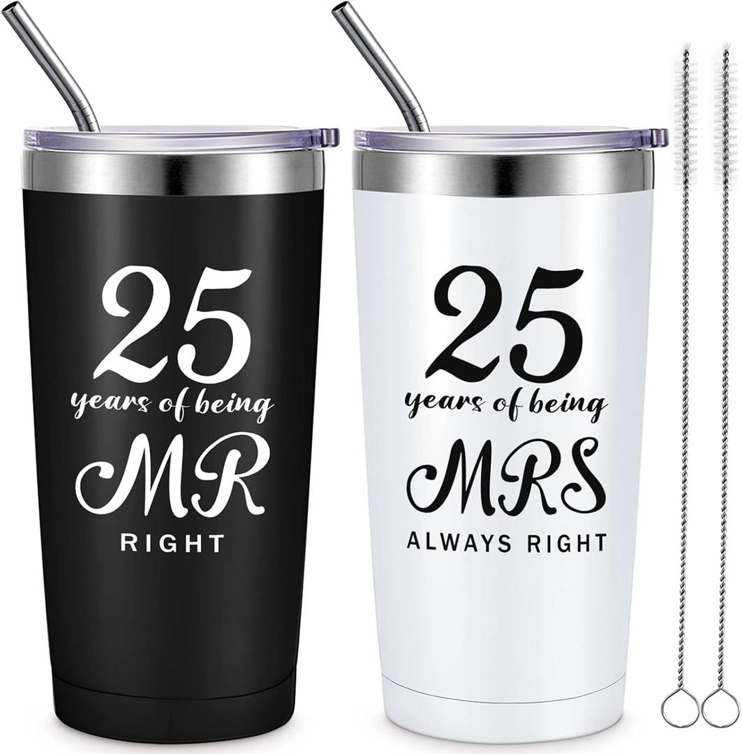 Cunhill 2 Pcs Mr. Right Mrs. Always Right Travel Tumbler Set 20 oz Wedding Engagement Anniversary Travel Mug for Husband Wife Newlywed Couples Bride Groom Anniversary(25th Tumbler)