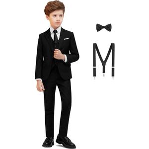 Boys Suit 5-Piece & 4-Piece Vest Set with Tie+Bowtie+Suspenders| Regular & Husky Fit (M)