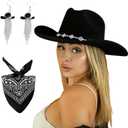 Western Cowgirl Hat for Women Men, Fedora Wide Brim Rhinestone Cowboy Hat with Bandana and Cowgirl Tassels Earrings (Black)