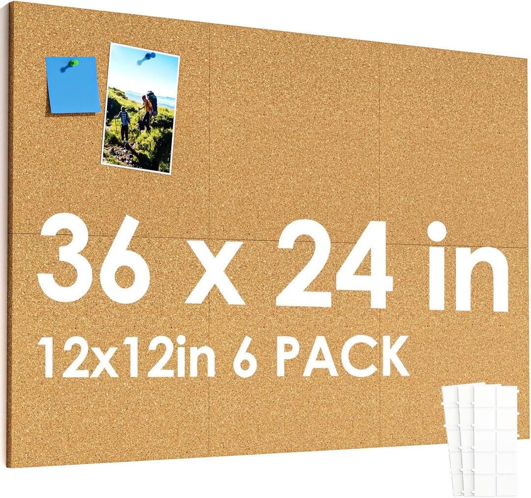 MaxGear Large Cork Board for Wall 36" x 24", 6 Pack Cork Board Tiles with 20 Pushpins & Safe Removable Adhesive Tabs, 12" x 12" Corkboards for Office, School & Home