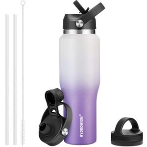 HYDROWION Stainless Steel Water Bottle, 32oz Tumbler Water Flask W/Straw Lid, Spout Lid and Flex Cap, Insulated Water Bottle (Cold for 48 Hrs,Hot for 24 Hrs) Fit in Any Car Cupholder,White&Purple