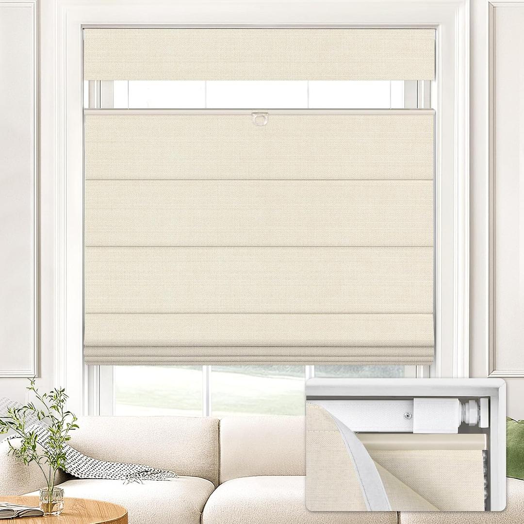 UNISHADES No Drill Top Down Bottom Up Roman Shades for Windows, 20" W x 64" H, Beige