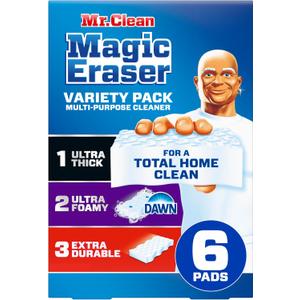 Mr. Clean Magic Eraser Sponge, All Purpose Cleaner, Cleaning Scrubber, Kitchen, Bathroom, Shower, Oven, Cleaning Supplies, Variety Pack with 1 Ultra Thick, 2 Ultra Foamy, & 3 Extra Durable, 6ct