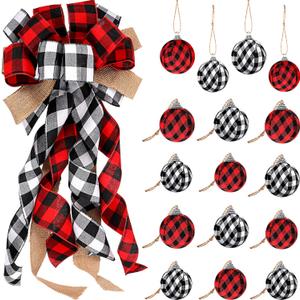 Buffalo Plaid Christmas Tree Topper Decor Wreath Bow Hanging Christmas Bow and 16 Pieces Buffalo Plaid Ball Ornament Hanging Fabric Ball(13 x 29.9 Inch,White, Black and Red)