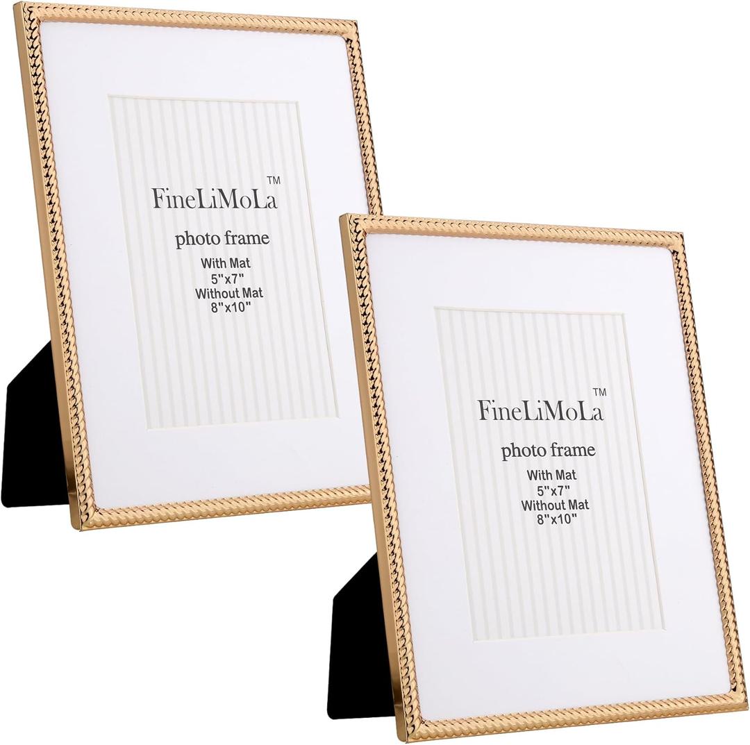 8x10'' Gold Rope Design Metal Picture Frames With Acid Free Mat for 5x7'' 2 Pack, Gold Photo Frame 7x5'' for Desktop Display Or Wall Hanging, Hi Quality Velvet Backing and Real Glass Front.