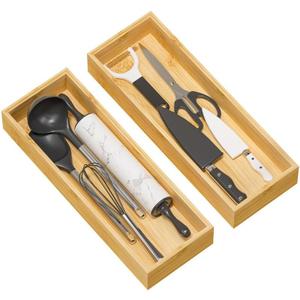 Kitchen Drawer Organizer Tray, Stackable Bamboo Deep Drawer Organizer for Large Silverware, Utensils, Cutlery, Flatware,Junk Drawer, Dresser, Bathroom, 17" x 6" x 2.5" (Set of 2)