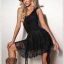 Women's Western Sleeveless Dress V Neck Cowgirl Lace Tiered Layered Music Festival Mini Dresses (Black, S)