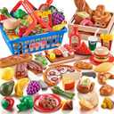 Play Food Sets for Kids Kitchen, Global Cuisine Toddler Cutting Fake Food Toys Including Pizza, Sushi & Bakery , Pretend Toy Food & Play Kitchen Accessories with 2 Baskets, Ideal Gift for Boys Girls