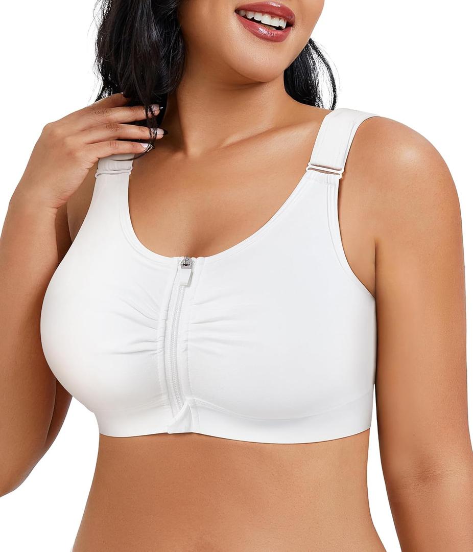 CYDREAM Front Zip Closure Bras for Women No Underwire - Wireless Comfort Compression Support Adjustable Everyday Bra (XX-Large, White)