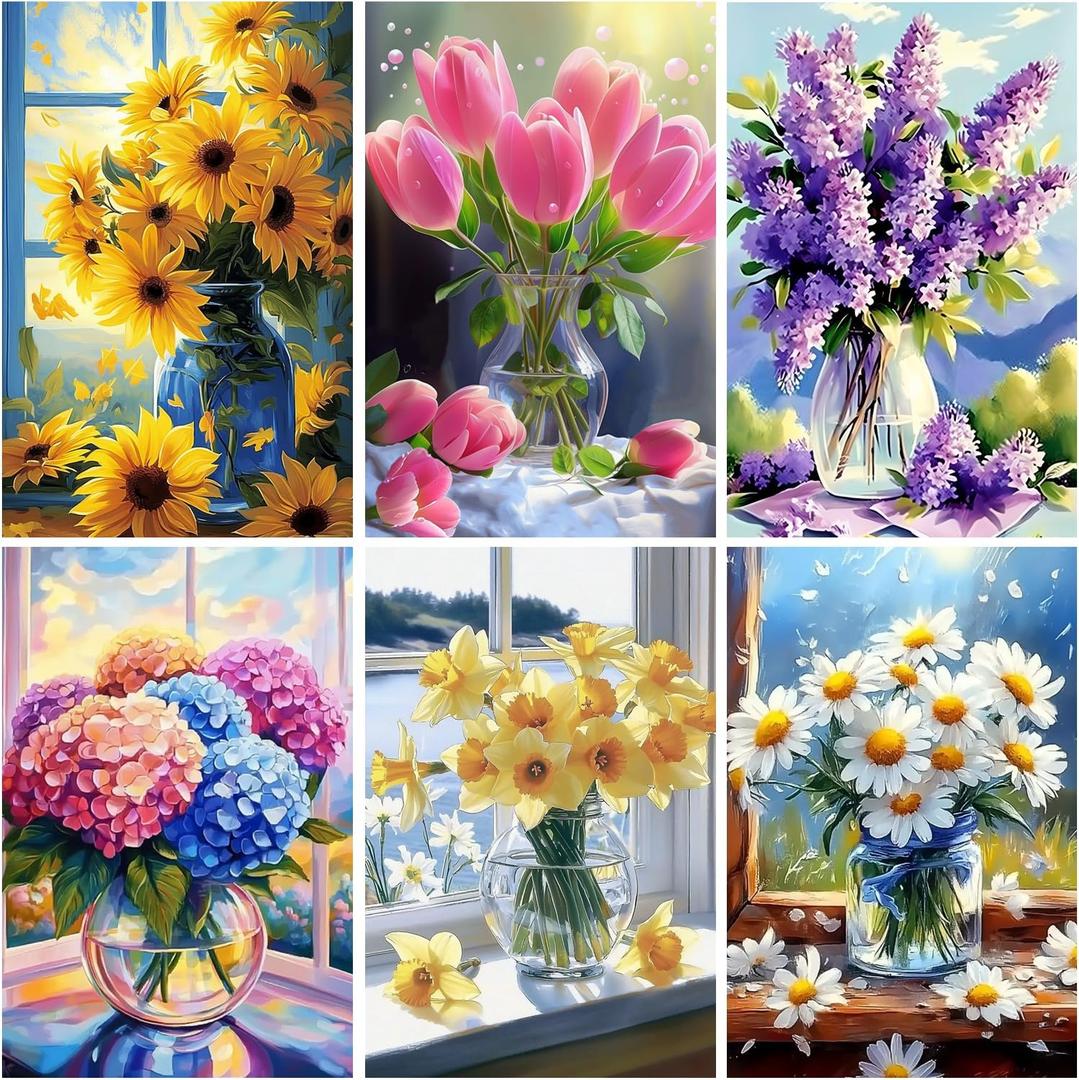DOZEEZOP 6 Pack 5D Diamond Painting Kits for Adults, Diamond Art Kits for Adults Beginners of All Ages, Round Full Drill Arts and Crafts Gems Home Wall Decor 12x16 Inches Flowers