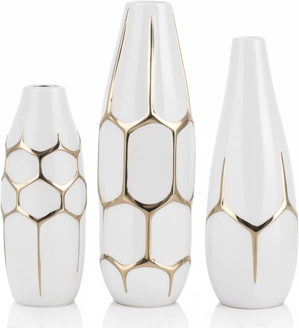 Ceramic Geometric Decorative Vase Set of 3, White and Gold Vases, Modern Home Decor Vases, Suitable for Living Room, Kitchen, Bedroom, Bathroom, Entryway Mantel, and TV Console Decor 
