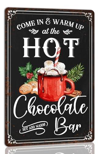 Come in and Warm up at the Hot Chocolate Bar Metal Tin Sign Christmas Sign Vintage Retro Poster for Kitchen Cafe Bar Home Christmas Wall Decor Art Winter Farmhouse Decorative 8x12 Inch
