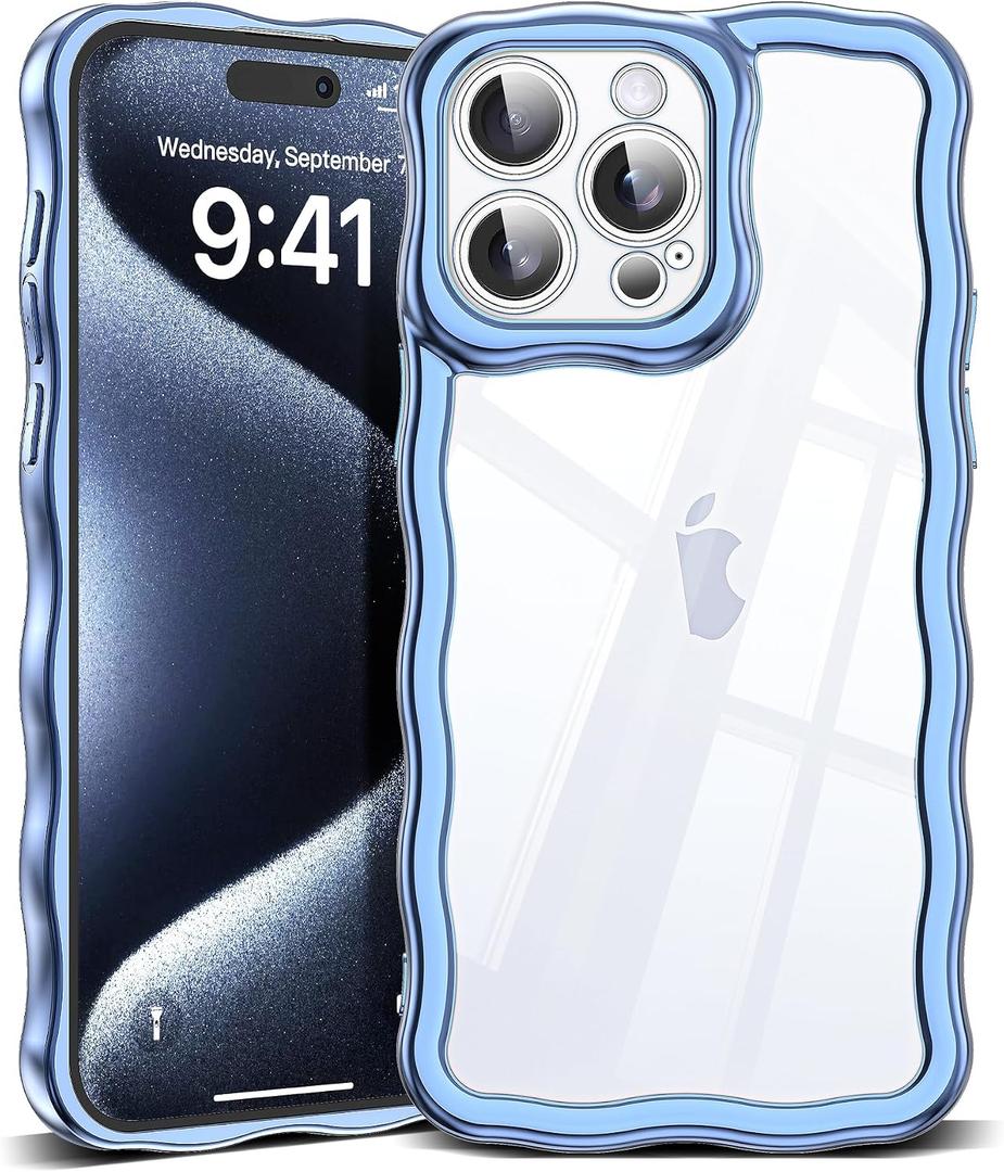 SKYLMW Compatible with iPhone 15 Pro Case, Kawaii Cute Curly Wave Frame Luxury Plating Edge, Stylish Glossy Clear Back, Soft TPU Shockproof Protective Cases for iPhone 15 Pro, Blue