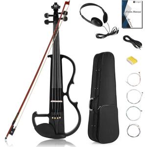 Vangoa Electric Violin Full Size 4/4, Black Silent Electric Violin, Solid Wood Metallic Electric Fiddle with Ebony Fittings, Beginner Kit for Adults Teens
