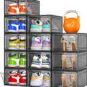 12 Pack Clear Shoe Storage Organizer with Magnetic Door, Stackable Plastic Shoe Boxes for Sneakers, Boots, and Heels, Space-Saving Foldable Shoe Rack for Closet, Durable Shoe Cabinet Organizer, Black