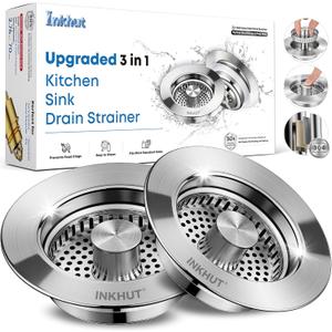 Upgraded 3 in 1 Kitchen Sink Drain Strainer - Stainless Steel Sink Stopper, Anti-Clogging Sink Food Catcher Basket, Fast Drainage Odor Filter Sink Plug for US Standard 3 1/2 inch Drain (Silver-2Pack)
