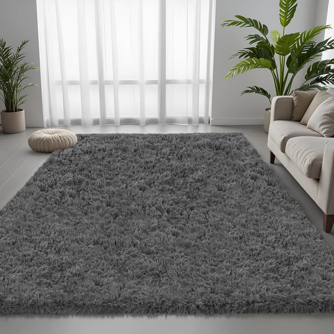 5x7 Dark Gray Fluffy Fuzzy Shag Area Rug for Living Room, Bedroom, Dorm