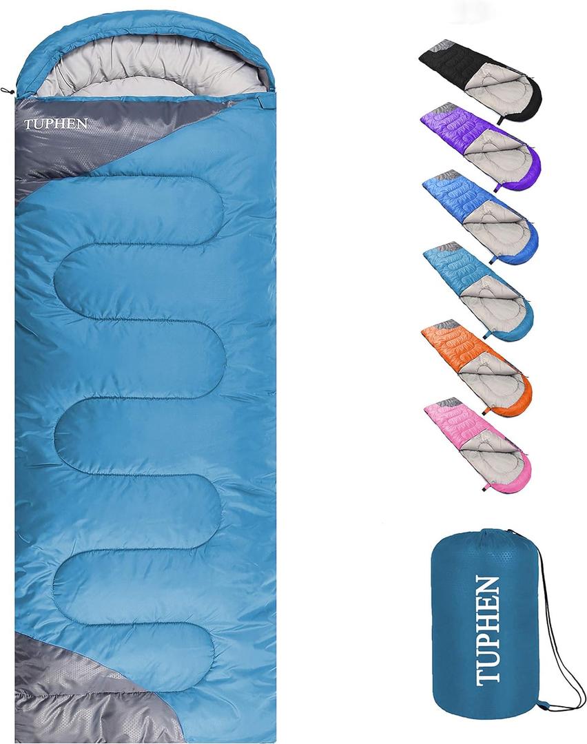 tuphen- Sleeping Bags for Adults Kids Boys Girls Backpacking Hiking Camping Microfiber Liner, Cold Warm Weather 4 Seasons Winter, Fall, Spring, Summer, Indoor Outdoor Use, Lightweight & Waterproof, Lake Blue Gray